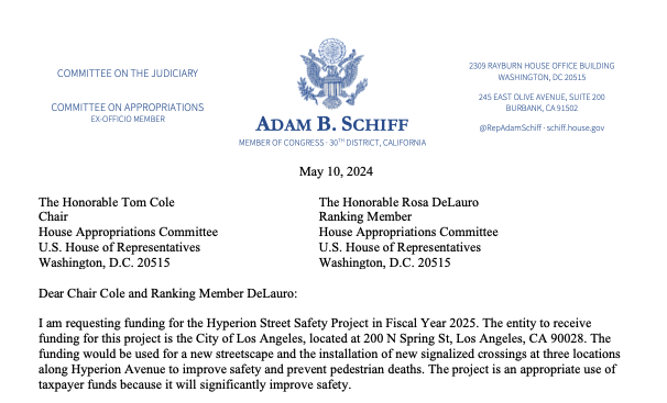 Congressman Schiff Funding Request Letter